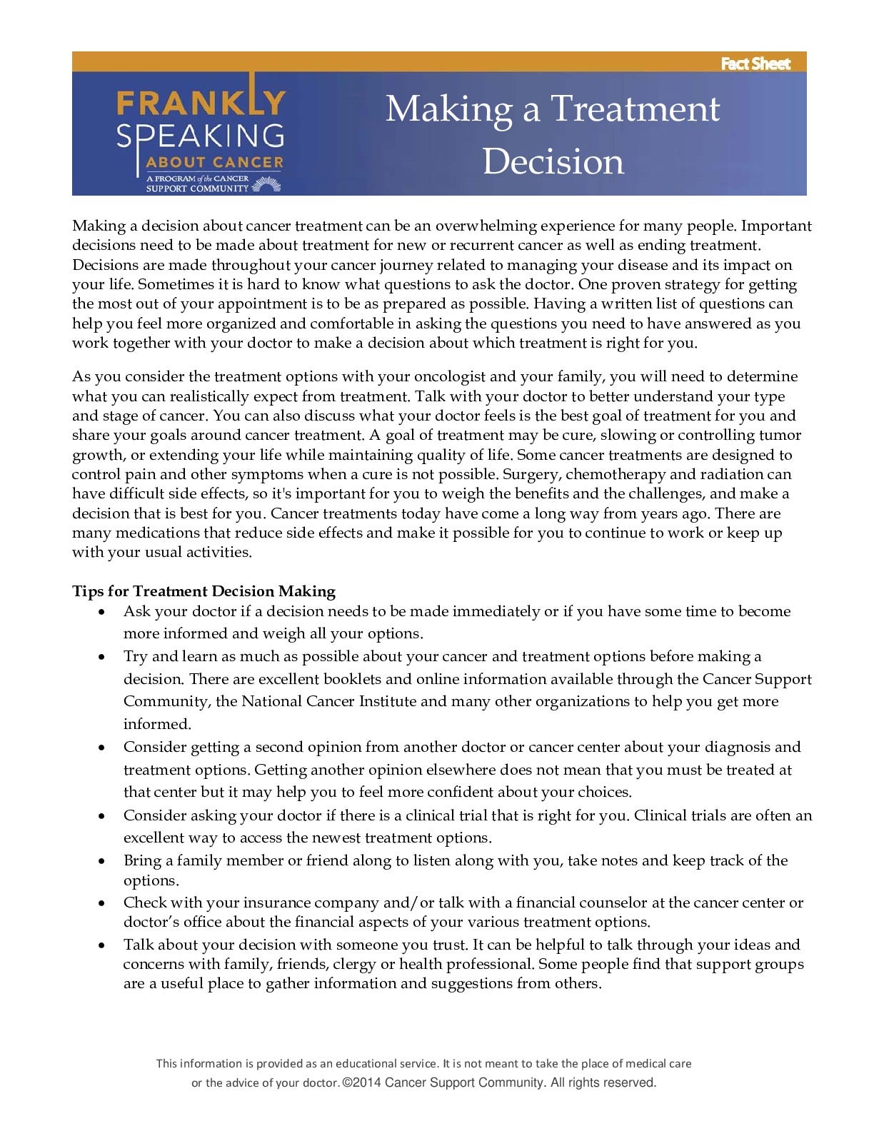 FSAC Managing Treatment Decisions Fact Sheet