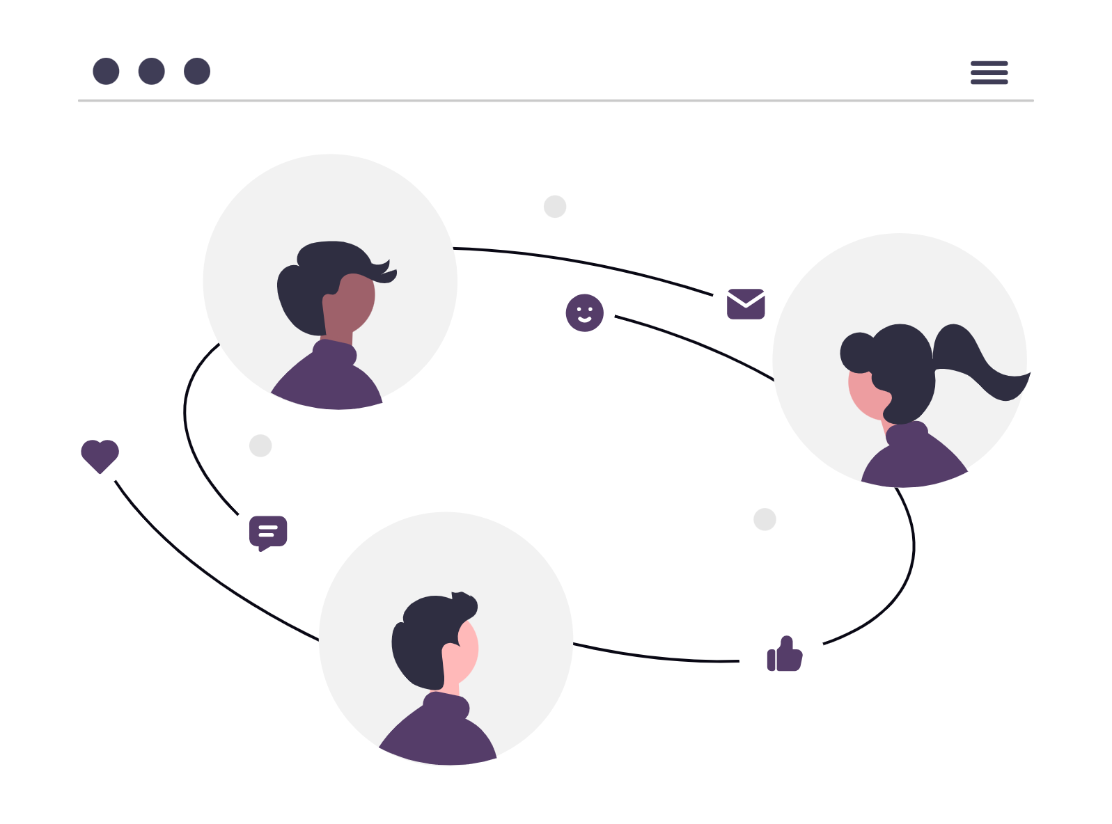 Illustration of an online connected community with three figures