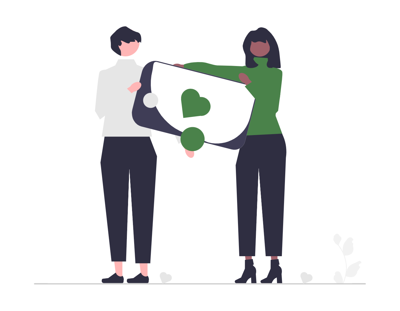 Illustration of two women holding a phone with heart symbol