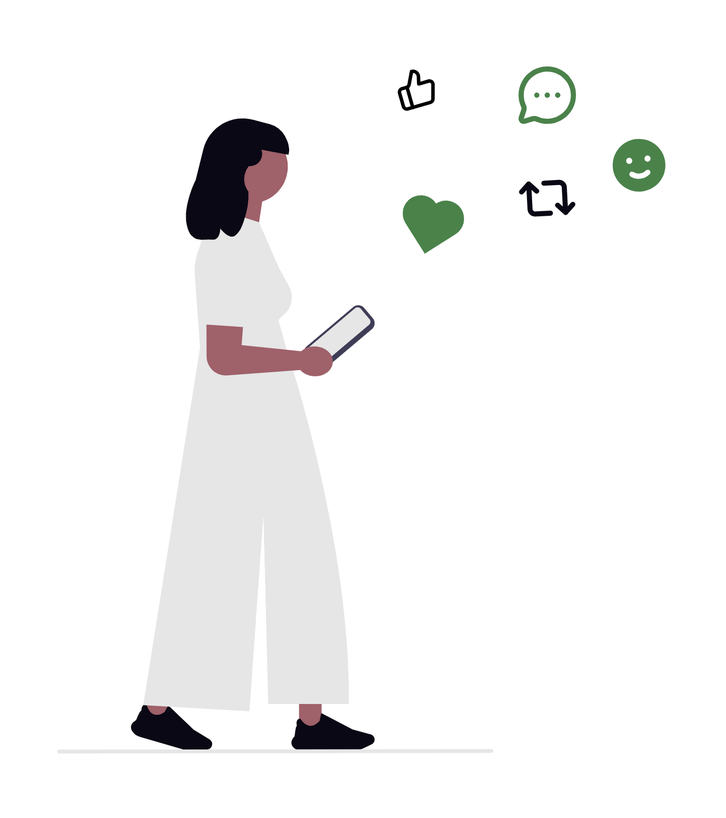 Illustration of woman walking with phone and emoji reactions