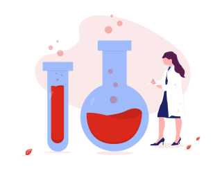 A lady wearing a lab coat; standing next to vials