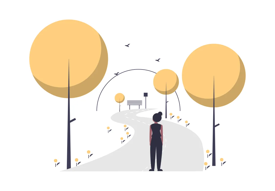 Illustration of a woman standing at the beginning of a tree-lined path