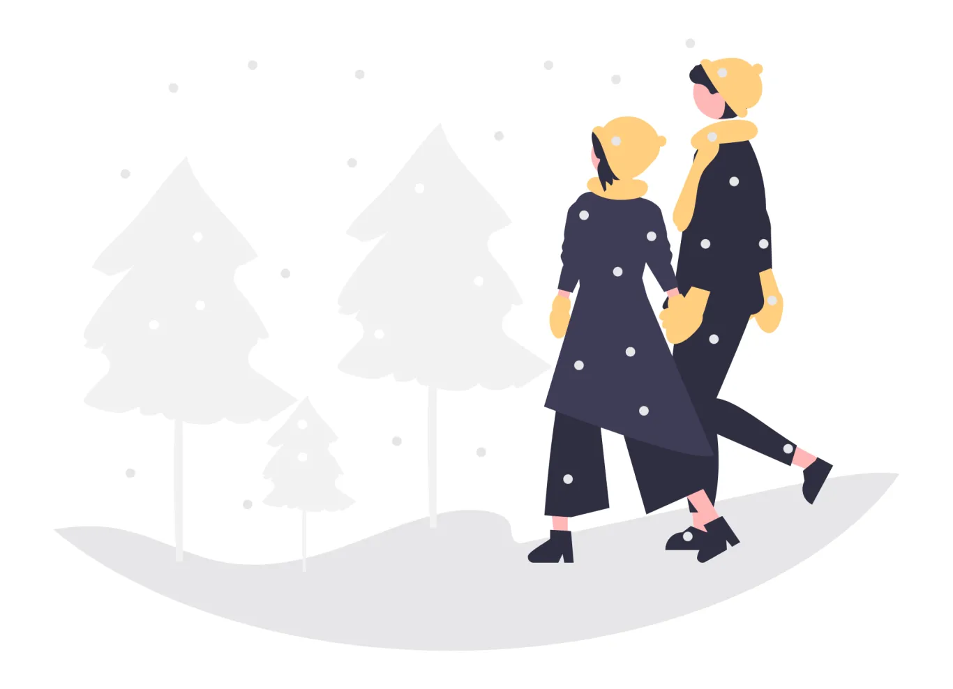Illustration of two people dressed in winter coats walking in snow