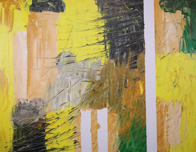 abstract artwork with yellow, orange, green, gray, and white paint