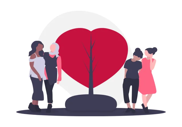 illustration multicultural women standing by tree