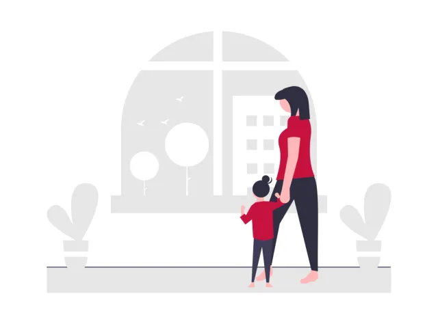 illustration mother and child looking out window