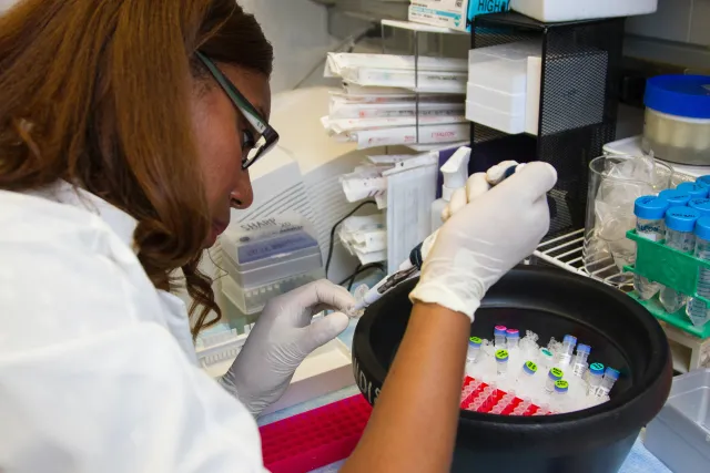 A medical researcher wearing a white lab coat and gloves examines a test vial in a research lab
