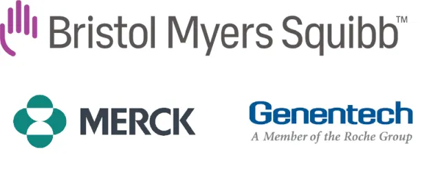Logos for Bristol Myers Squibb, Merck, and Genentech