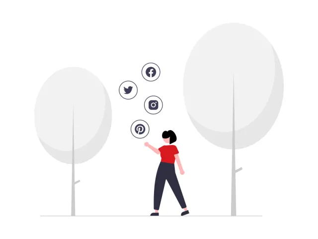 illustration woman juggling social media icons