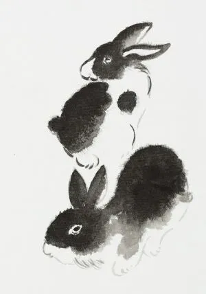 A black and white Chinese brush painting by Vartus Varadian depicts a pair of bunnies