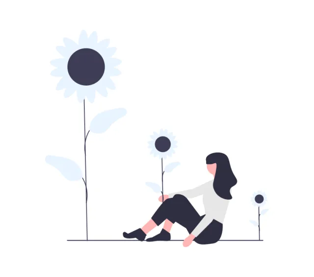 An illustration depicting a woman sitting beside sunflowers
