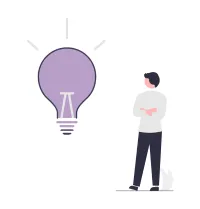 An illustration depicting a man with arms crossed looking at a light bulb