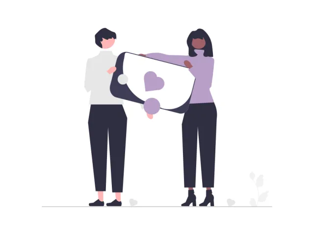 An illustration of two people holding a screen that displays a heart