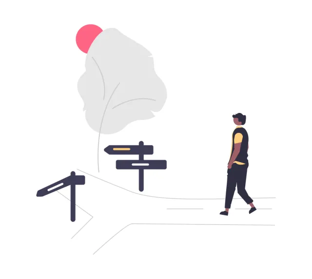 A man walks toward an intersection of two diverging paths