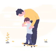 Illustration of a man holding his son steady on a skateboard
