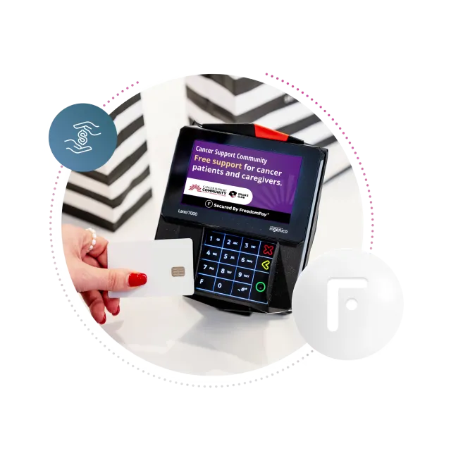 A digital payment device featuring FreedomPay's Donation on Device display screen with Cancer Support Community's logo