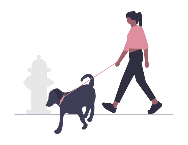 An illustration depicting a woman in pink and blue athletic clothing walking her dog