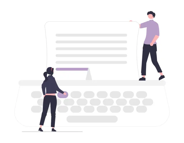 An illustration depicts two people at a computer keyboard with a piece of paper