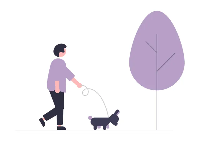 A light purple illustration depicts a woman walking a small dog beside a tree