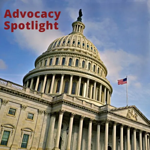 Advocacy Spotlight title on blue sky above the Capitol building