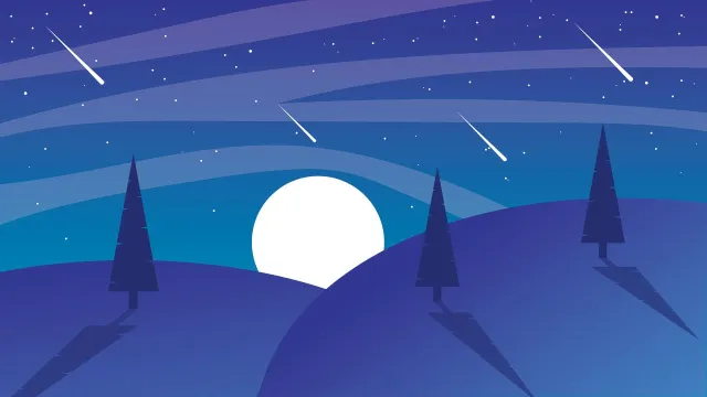 A blue-toned illustration of a night sky, pine trees, and shooting stars