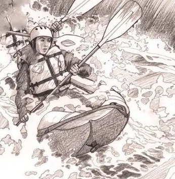 Illustration of a person navigating rough waters in a raft