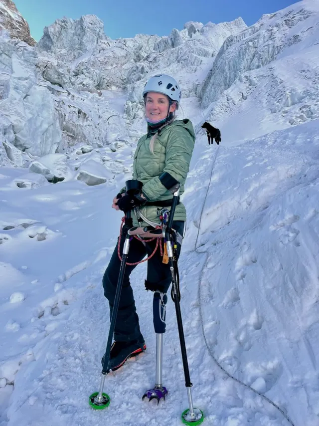 Kirstie stands in Khumbu Icefall on Everest 