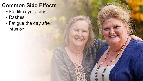 Common side effects of immunotherapy include flu-like symptoms, rashes, and fatigue the day after infusion
