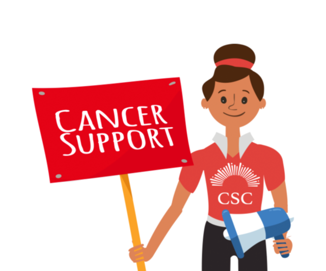 cartoon woman holding a cancer support sign