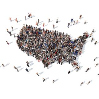 Different people forming the shape of the united states