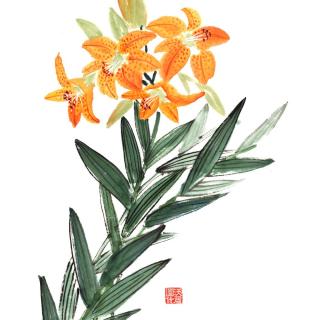 A Chinese brush painting of orange tiger lily blooms on green stems, created by artist Vartus Varadian