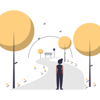 Illustration of a woman standing at the beginning of a tree-lined path