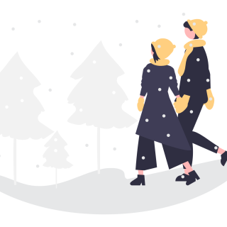 Illustration of two people dressed in winter coats walking in snow