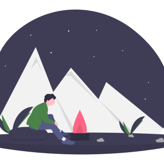 An illustration depicts a figure sitting by an evening camp fire