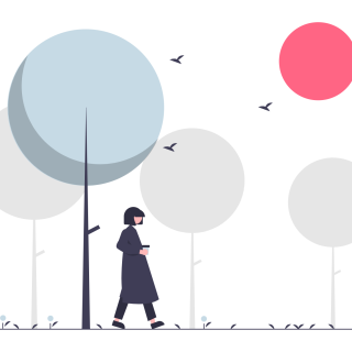 An illustration depicts a figure walking beside trees