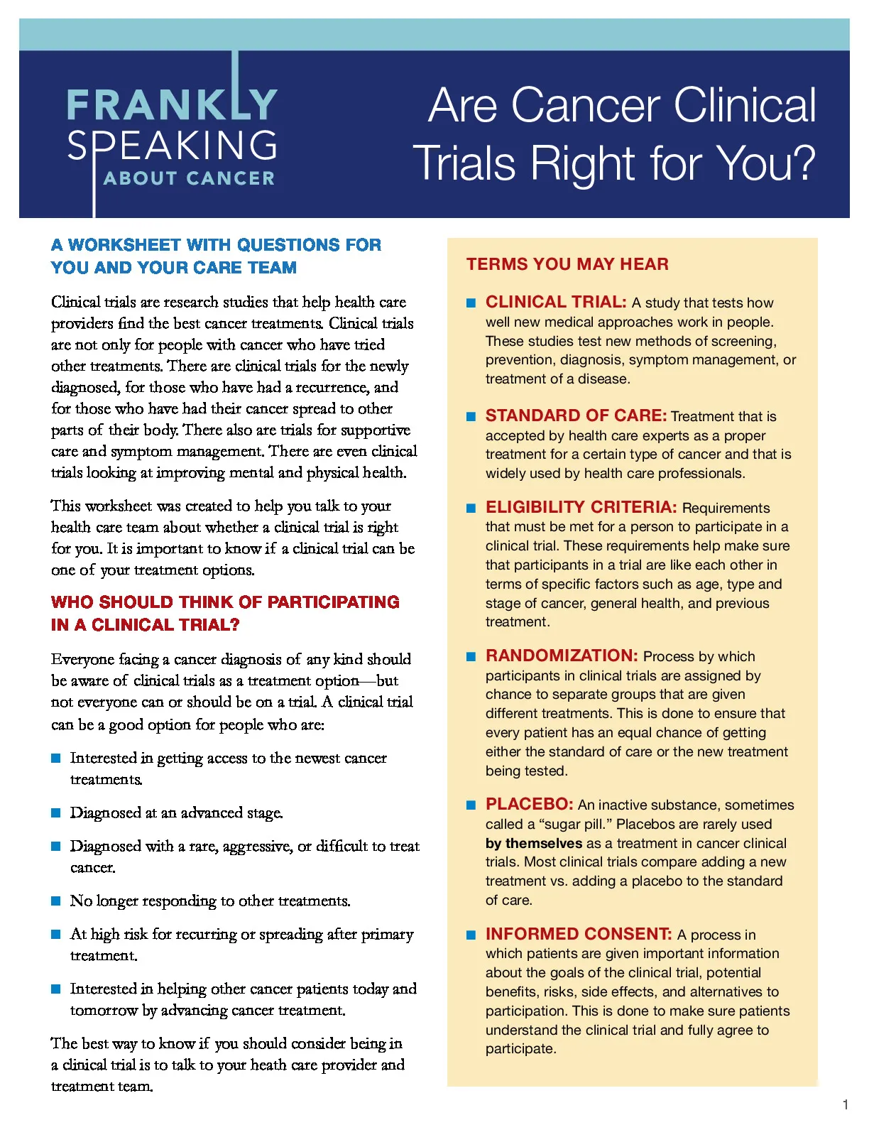 Are Clinical Trials Right for You? A Worksheet With Questions for You and Your Care Team