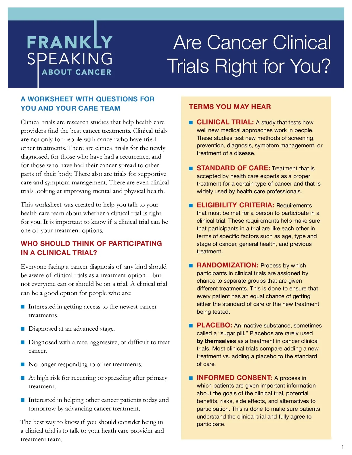 Are Clinical Trials Right for You? A Worksheet With Questions for You and Your Care Team