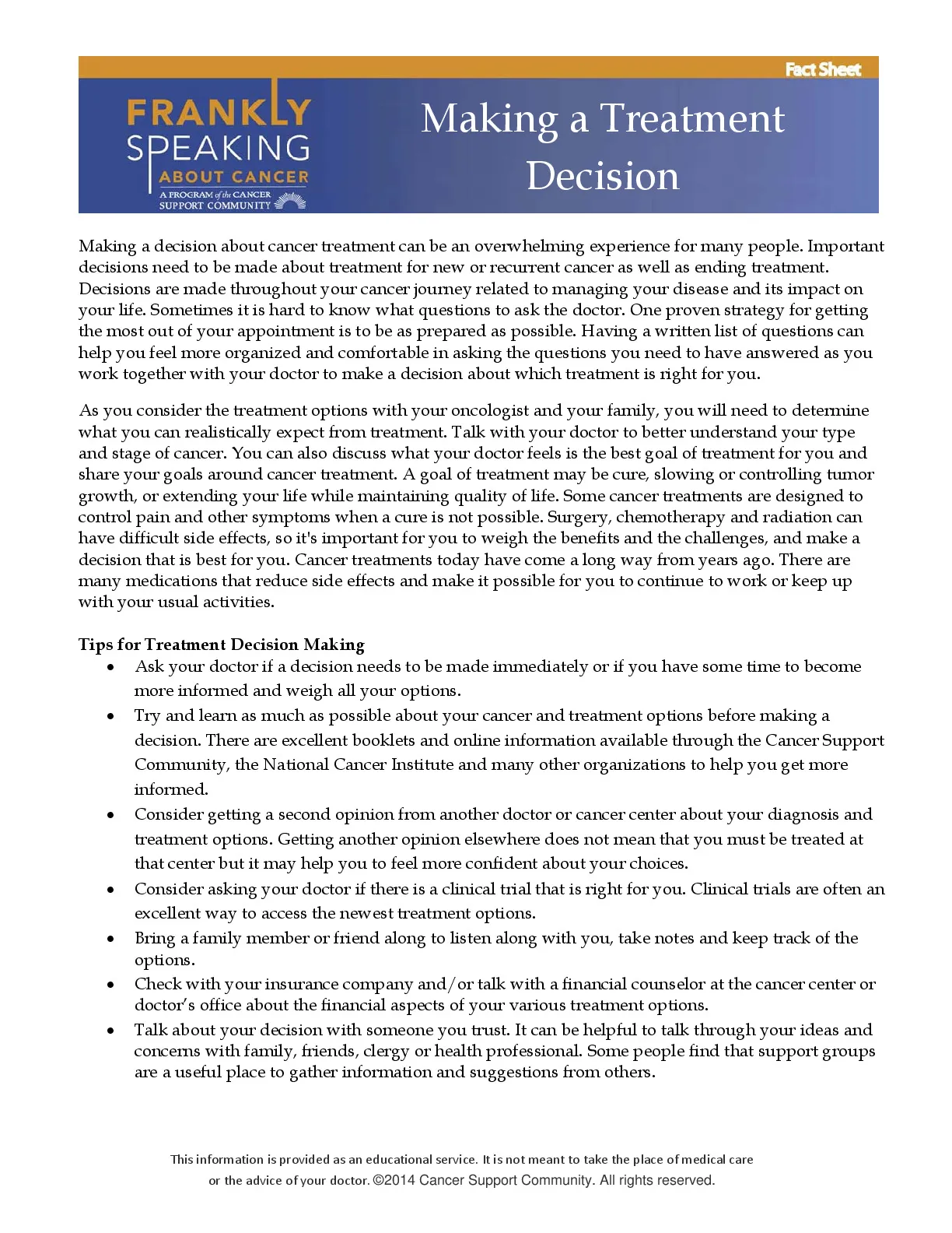 FSAC Managing Treatment Decisions Fact Sheet