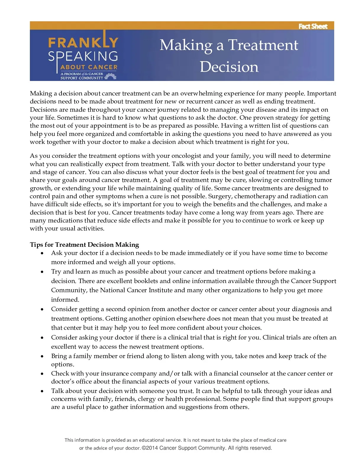 FSAC Managing Treatment Decisions Fact Sheet