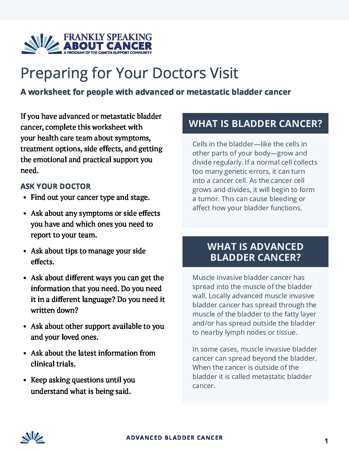Preparing for your Doctor’s Visit: Advanced Bladder Cancer