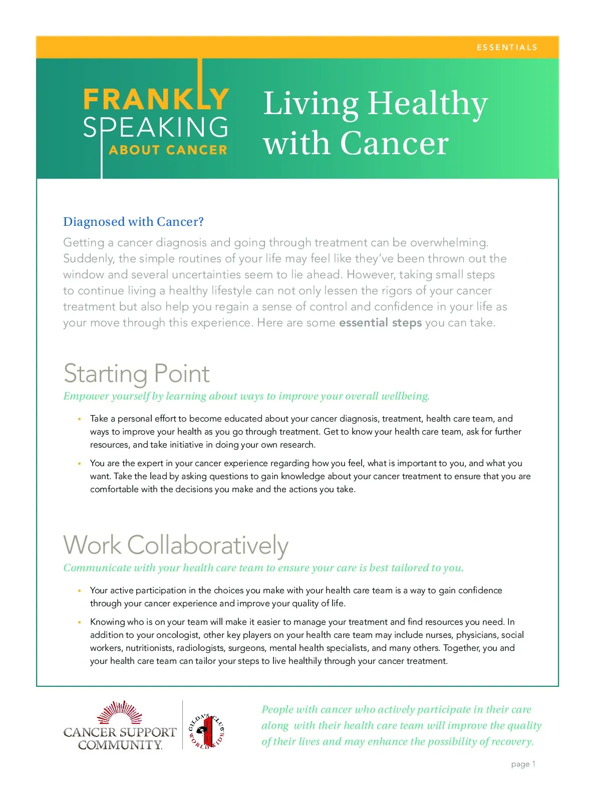 Frankly Speaking About Cancer: Living Healthy with Cancer