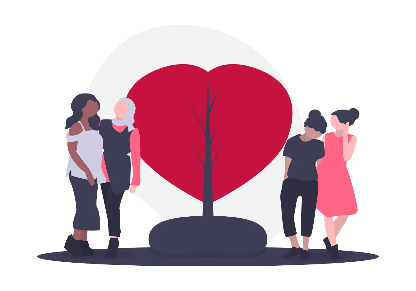 illustration multicultural women standing by tree