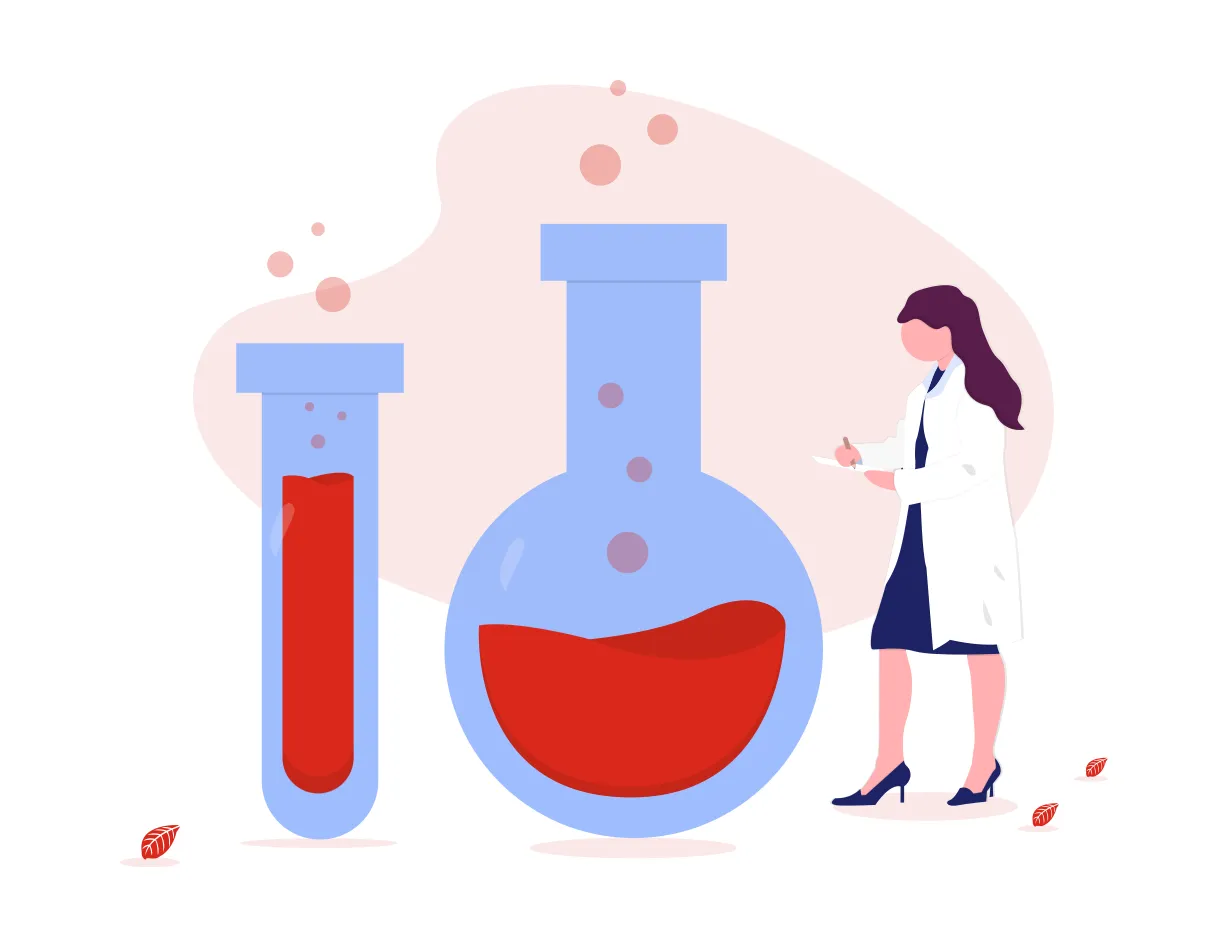 A lady wearing a lab coat; standing next to vials