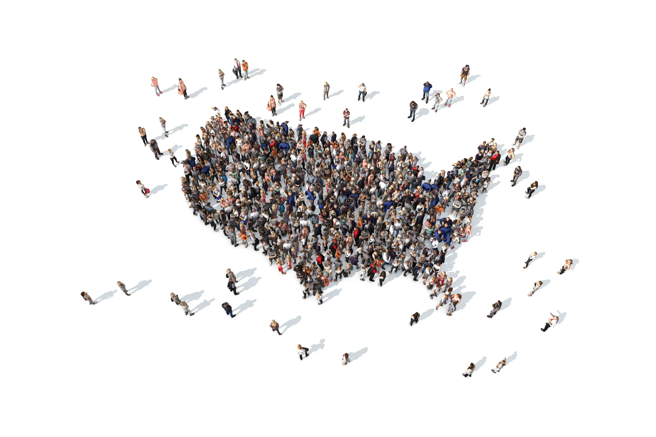Different people forming the shape of the united states