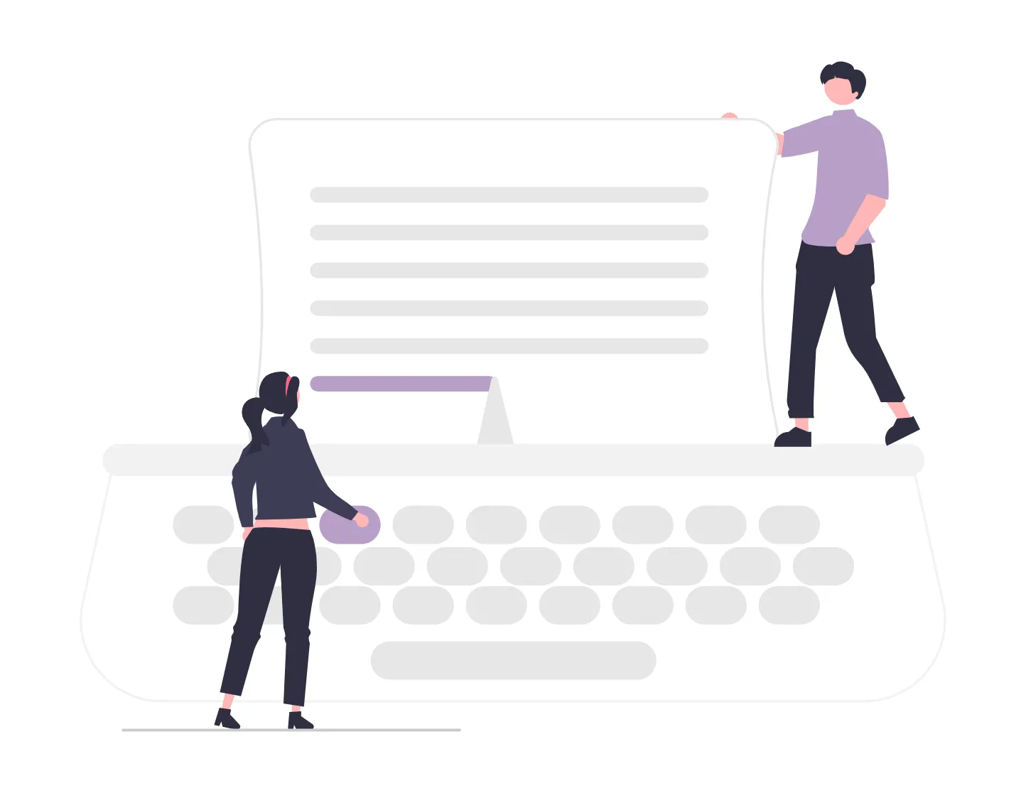 An illustration depicts two people at a computer keyboard with a piece of paper