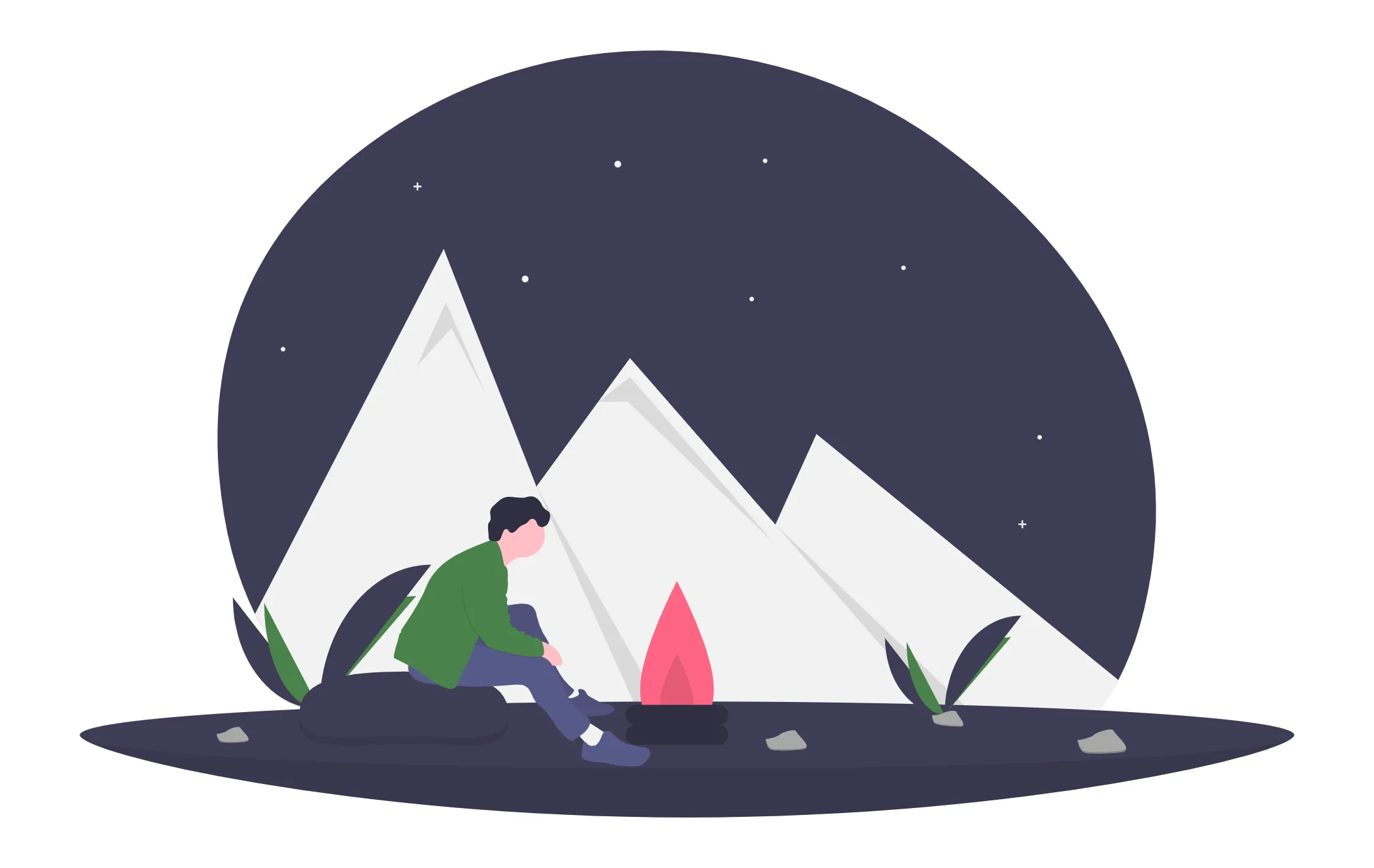 An illustration depicts a figure sitting by an evening camp fire