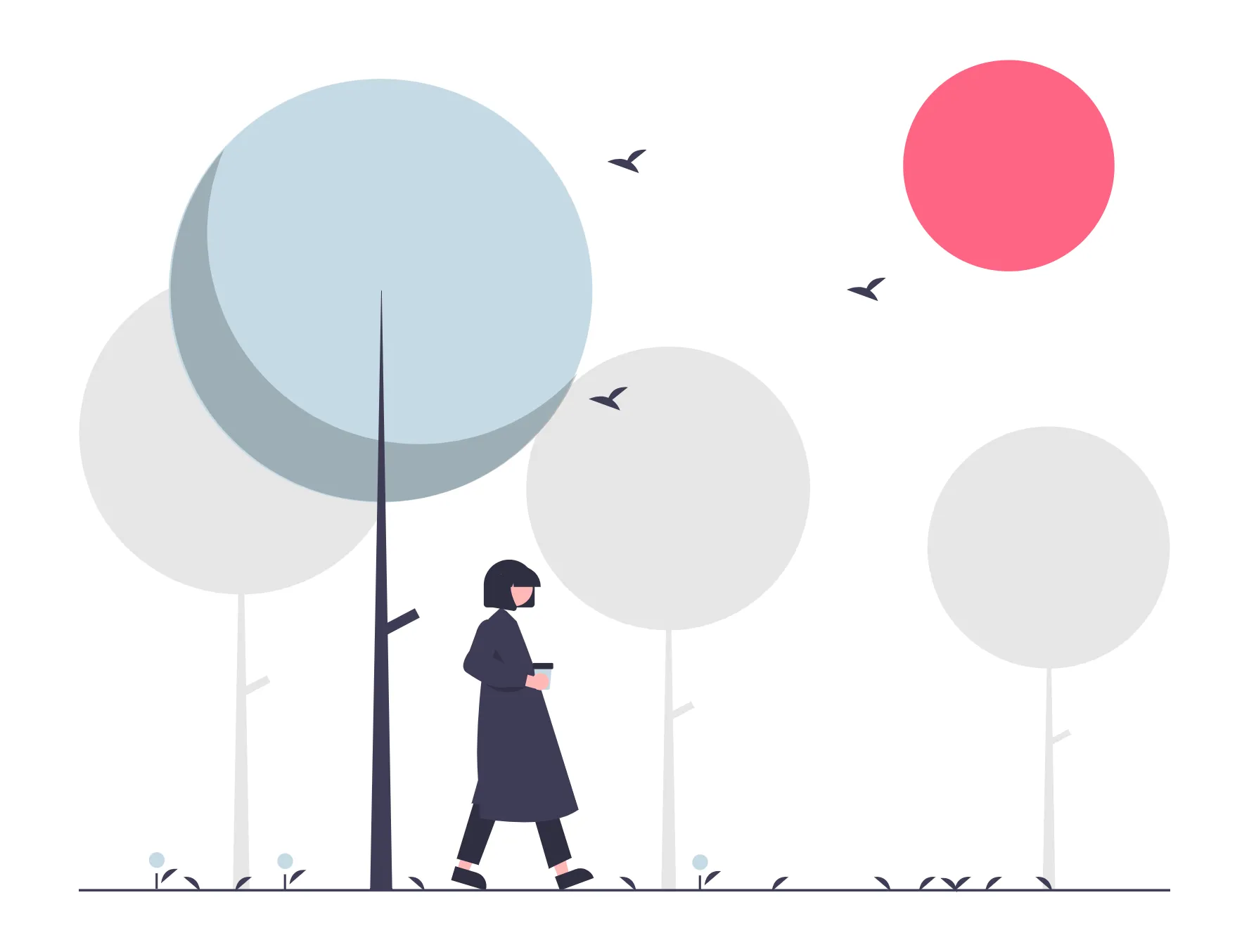 An illustration depicts a figure walking beside trees