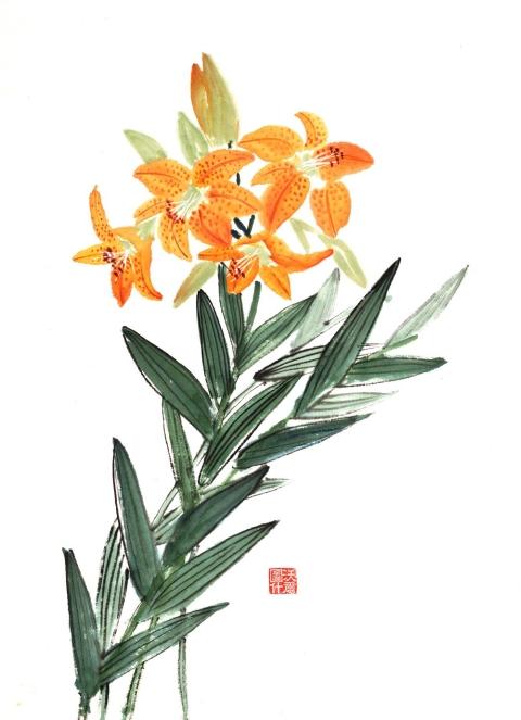 A Chinese brush painting of orange tiger lily blooms on green stems, created by artist Vartus Varadian