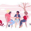 illustration four people chatting at a table