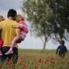 A young father holds his two children in his arms in a field of flowers
